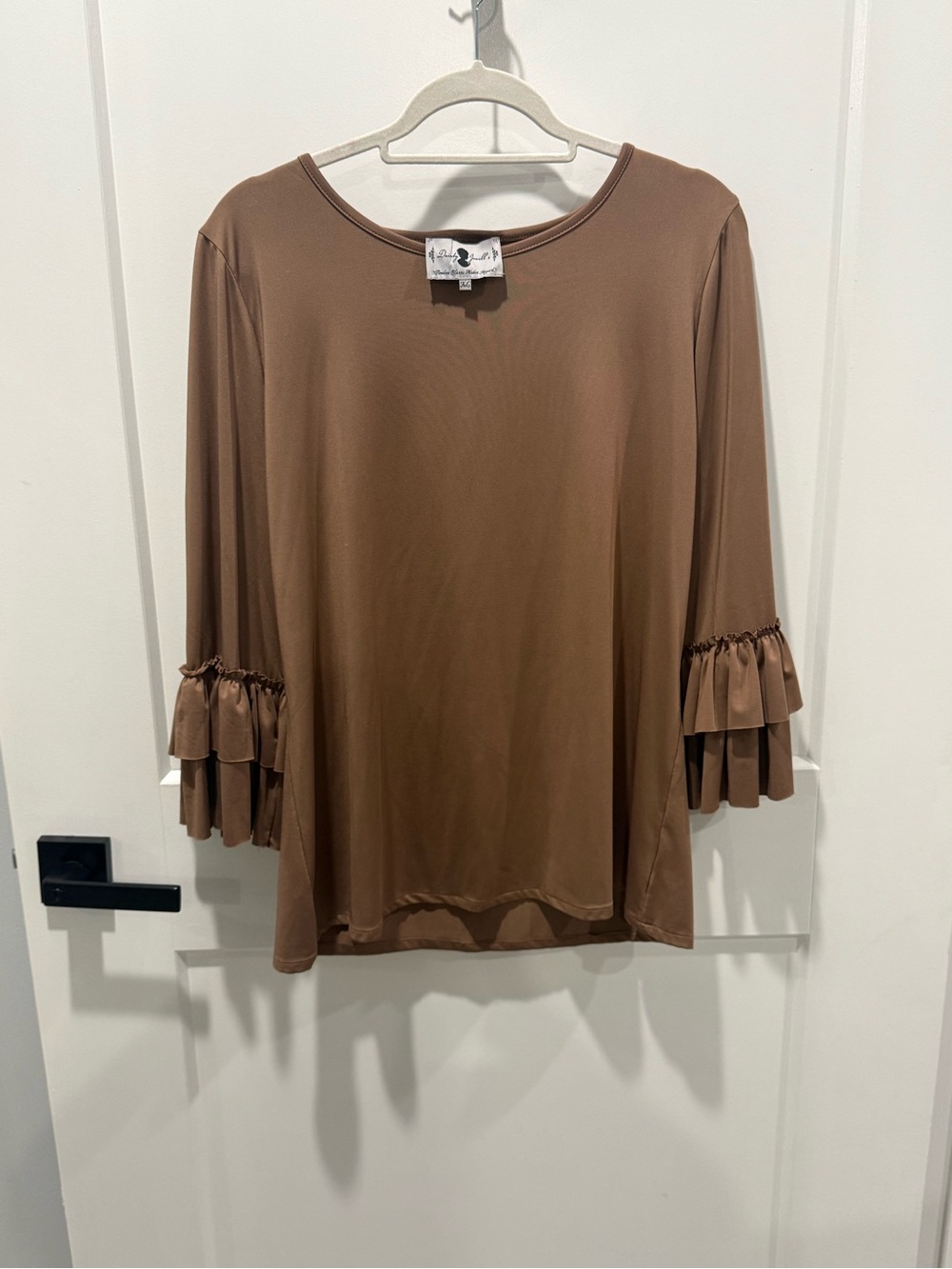 Dainty Jewells Taupe Brown Tan Ruffle-Sleeve 3/4 Sleeve Blouse Top